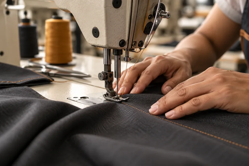 Detalle de confección con máquina de coser industrial sobre tela oscura